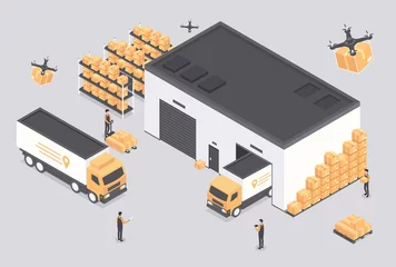 Fototapete Cartoon-Autos Warehouse service concept. Workers load trucks with boxes, trade and logistics. Transportation of goods to specified address, home delivery and online shopping. Cartoon isometric vector illustration