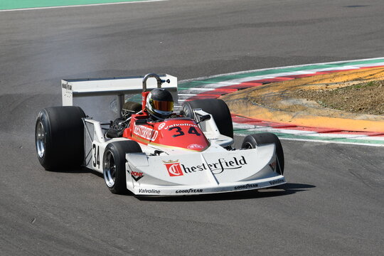 21 April 2018: Fletcher Henry GB run with historic 1976 F1 car March 761 during Motor Legend Festival 2018 at Imola Circuit in Italy.