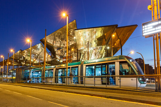 Modern Alstom Citadis light rail tram public transport transit transportation traffic in Barcelona, Spanien