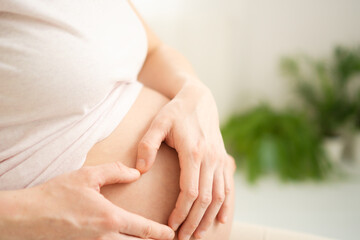 A cute pregnant woman holds her hands on her belly heart shaped. The concept of a happy pregnancy in anticipation of a baby. 9 months of waiting for a baby.