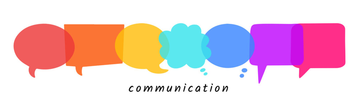 Communication concept. Speech bubbles hand drawn icon collection. Simple bright rainbow colored transparent dialog boxes isolated vector set
