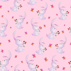 Seamless pattern of pink rabbit with butterflies on a delicate background. Handmade watercolor. Ideal for textiles. Gift children's packaging or a festive decoration for the baby's birthday.