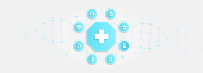 Science medical template. Minimalistic icons for website. Health care and landing page design. Innovations and modern technologies, researching of human body. Cartoon flat vector illustration