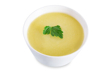 Potato cauliflower puree soup in a bowl on a white isolated background
