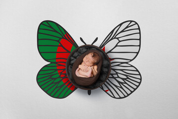 Tiny baby portrait with wings in color of national flag. Newborn photography concept. Algeria