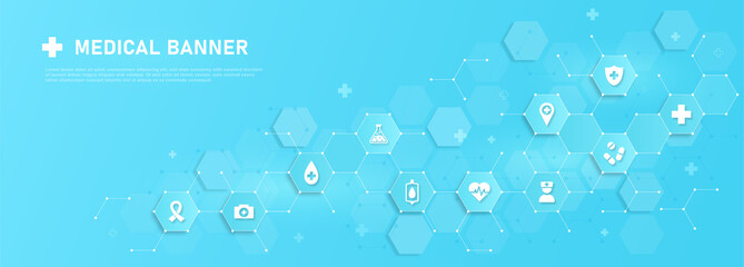 Medical blue banner. Landing page design, innovations and modern technologies. Collection of icons for design of medical website. DNA and genetic engineering. Cartoon flat vector illustration