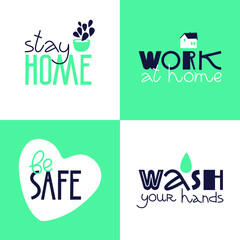 Illustration of hand drawn lettering about quarantine and corona virus pandemy. Set of stickers - stay home, wash your hands, sanitize. Unique vector design elements. Covid19 quotes and concepts