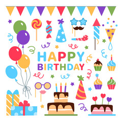 Happy Birthday elements set. Flat colorful bright objects for background, greeting card, banner, typography, poster, postcard design. Carnival party celebration cake cupcake, hat vector illustration.