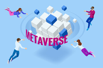 Isometric metaverse concept. Network of 3D virtual worlds focused on social connection. Internet as a single, universal virtual world.