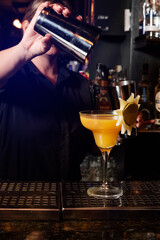 Latina prepares a cocktail at a bar counter. job waitress profession