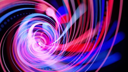 Abstract background with light trails, stream of red blue neon lines in space form spiral shapes. Modern trendy motion design background. Light flow bg. 3d render