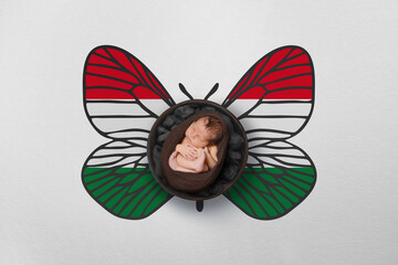 Tiny baby portrait with wings in color of national flag. Newborn photography concept. Hungary