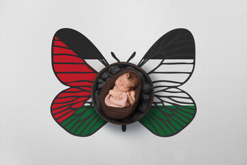 Tiny baby portrait with wings in color of national flag. Newborn photography concept. Jordan