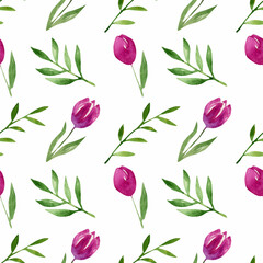 Watercolor tulip flowers seamless pattern. Floral rustic endless background. Nature illustration for wrapping paper, textile, decorations.