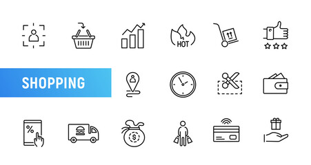 Shopping vector line icon cart basket web pictogram. Supermarket store bag web online ecommerce icon set