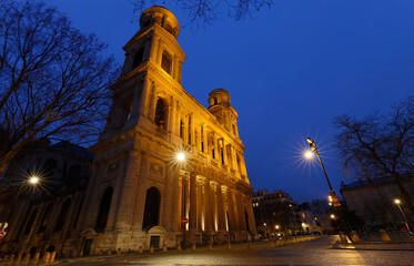 Fototapeta na wymiar The famous church of Saint Sulpice at rainy night , Paris, France.