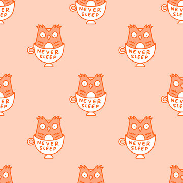 Coffee cup and owl, Background seamless pattern illustration for t-shirt, sticker, or apparel merchandise. With retro, and doodle cartoon style.
