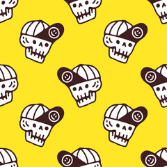 Trendy skull wearing hat, Background seamless pattern illustration for t-shirt, sticker, or apparel merchandise. With retro, and doodle cartoon style.