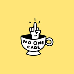 Cup of coffee with middle finger hand, illustration for t-shirt, street wear, sticker, or apparel merchandise. With doodle, retro, and cartoon style.
