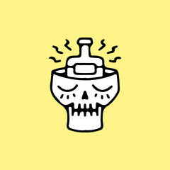 Broken skull head with beer bottle inside, illustration for t-shirt, street wear, sticker, or apparel merchandise. With doodle, retro, and cartoon style.