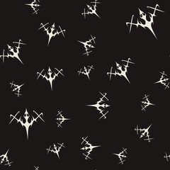 Abstract pattern tattoo sword sketch. Artistic death metal logo design. Random, chaotic white illustration in Metalcore style on a black background.