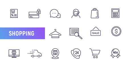 Shopping vector line icon cart basket web pictogram. Supermarket store bag web online ecommerce icon set