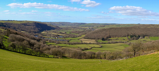 Fototapeta na wymiar Scenic panoramic view of the River Rheidol valley from a hill farm in west Wales near Aberystwyth