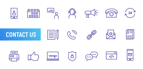Contact us line icon set. Email thin outline icon address web mail flat calendar vector pictogram call contact us