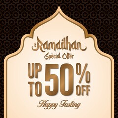 Ramadan sale poster promotion, Special offer up to 50% off with gold color, and landscape mosque. Islamic Background. Vector Illustration.