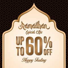 Ramadan sale poster promotion, Special offer up to 60% off with gold color, and landscape mosque. Islamic Background. Vector Illustration.