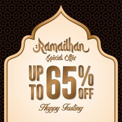 Ramadan sale poster promotion, Special offer up to 65% off with gold color, and landscape mosque. Islamic Background. Vector Illustration.
