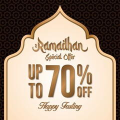 Ramadan sale poster promotion, Special offer up to 70% off with gold color, and landscape mosque. Islamic Background. Vector Illustration.