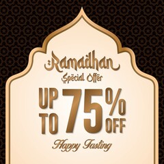 Ramadan sale poster promotion, Special offer up to 75% off with gold color, and landscape mosque. Islamic Background. Vector Illustration.