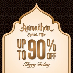 Ramadan sale poster promotion, Special offer up to 90% off with gold color, and landscape mosque. Islamic Background. Vector Illustration.