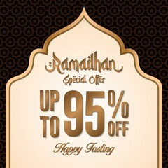 Ramadan sale poster promotion, Special offer up to 95% off with gold color, and landscape mosque. Islamic Background. Vector Illustration.