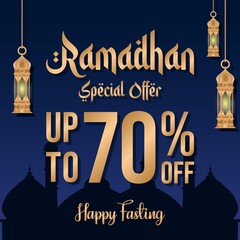 Obraz premium Ramadan sale poster promotion, Special offer up to 70% off with lantern, and landscape mosque. Islamic Background. Vector Illustration.
