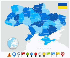 Ukraine map in blue colors and colored GPS glossy road icons