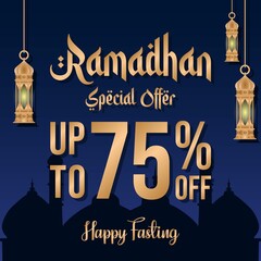 Ramadan sale poster promotion, Special offer up to 75% off with lantern, and landscape mosque. Islamic Background. Vector Illustration.