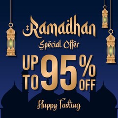 Ramadan sale poster promotion, Special offer up to 95% off with lantern, and landscape mosque. Islamic Background. Vector Illustration.