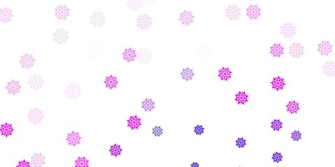 Fototapeta na wymiar Light purple, pink vector beautiful snowflakes backdrop with flowers.