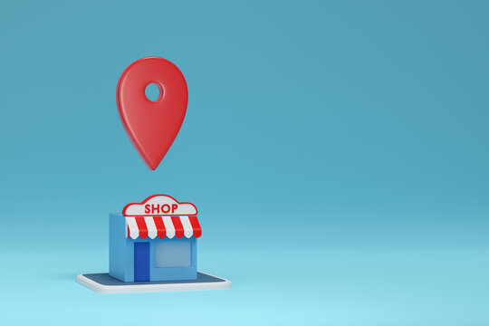 Map pointer over store building with copy space. Cartoon style. 3d illustration.