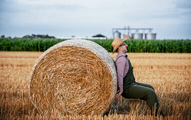 Naklejka na ściany i meble Farmer pushing a ball of straw in a wheat field after the harvest. Agricultural concept