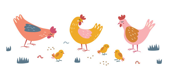 Cute hens with chickens in the meadow. Vector illustration.