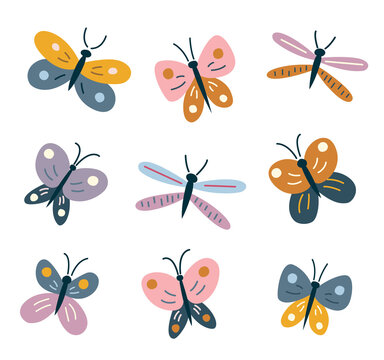 Set of bright colorful butterflies, moths and dragonflies.