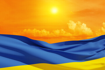 Ukraine flag on the orange sky with the sun and flying birds. Close up waving flag of Ukraine with place for your text. Flag symbols of Ukraine. 3d rendering.