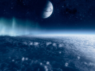Fototapeta na wymiar Sci-fi landscape. Exoplanet seen from one of its moons. Satellites of an extraterrestrial planet. Clouds and atmosphere of a moon near a planet. 3d rendering 