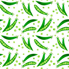 Hand-drawn watercolor papercut green peas seamless pattern. Bright cute kawaii kidcore style illustration, good for farmers market, supermarket products design, stickers or postcards