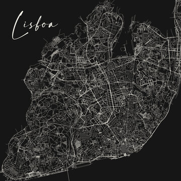 Black and white vector city map of Lisbon. Stock vector illustration isolated on black background.
