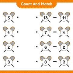 Count and match, count the number of Badminton Rackets and match with the right numbers. Educational children game, printable worksheet, vector illustration