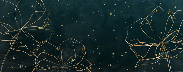 Floral dark art background with golden roses in line style. Botanical banner for decoration, design, invitations, packaging